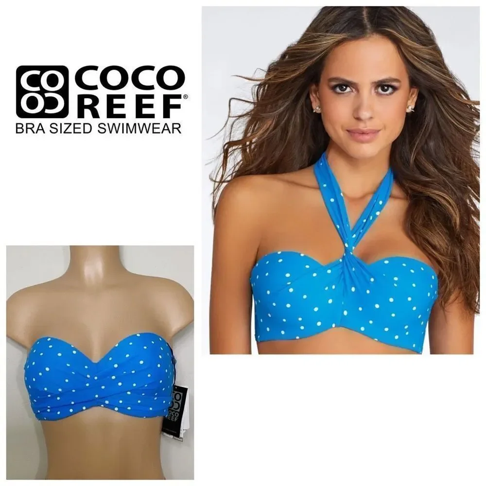 New. Coco Reef 36/38D blue polka dot five way bikini top.
